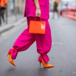 Total look fuchsia cu pantofi cu toc și geantă portocalie