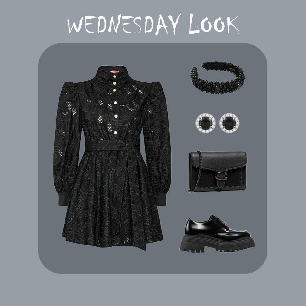Rochie neagră elegantă cu un top acoperit de la Custommade, cercei Enaya, bentiță Lavashka, geantă Coach și pantofi oxford de la Chiara Ferragni