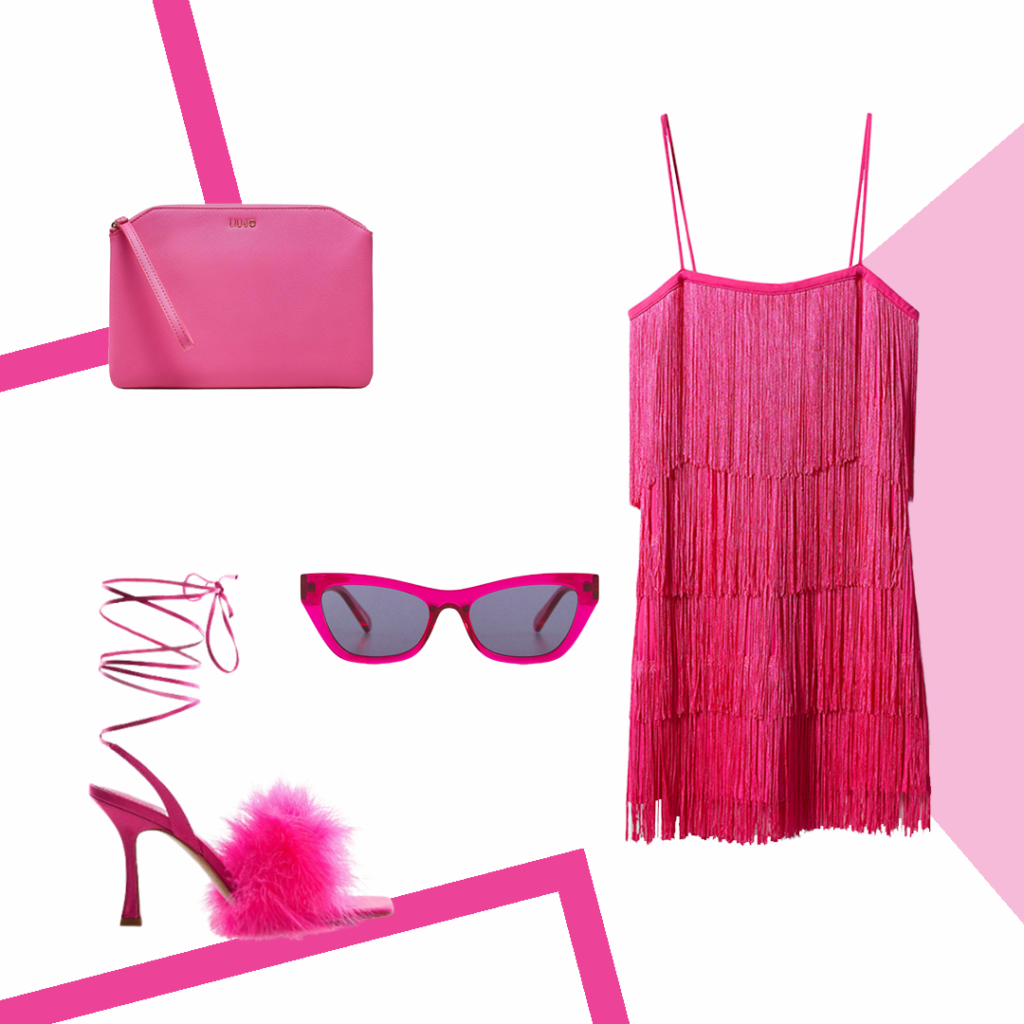 Rochie roz, geantă roz, ochelari de soare roz, pantofi cu toc roz