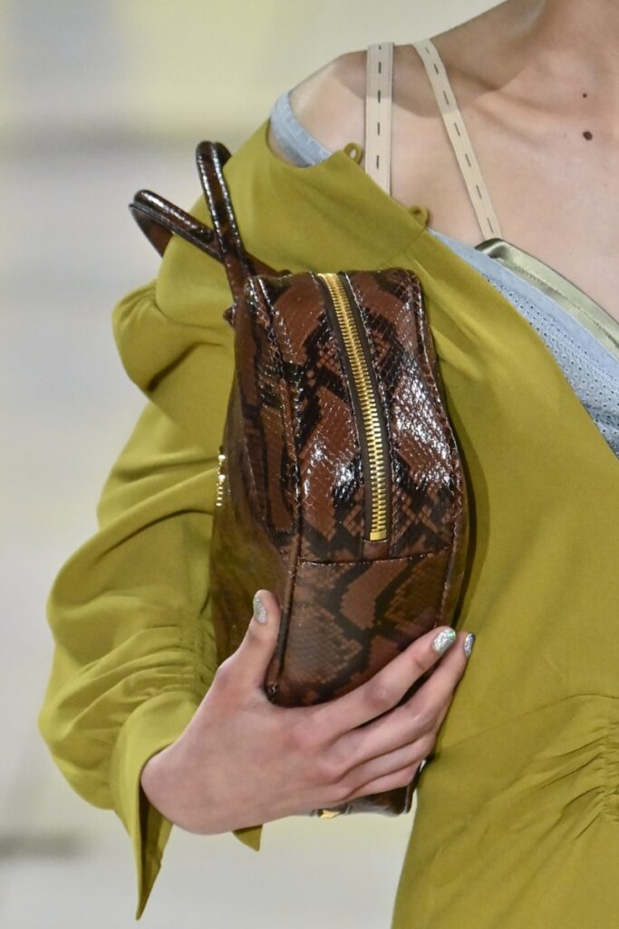 genți de mână la modă pentru toamna-iarna 2025, geantă de mână cu model de șarpe la prezentarea Miu Miu